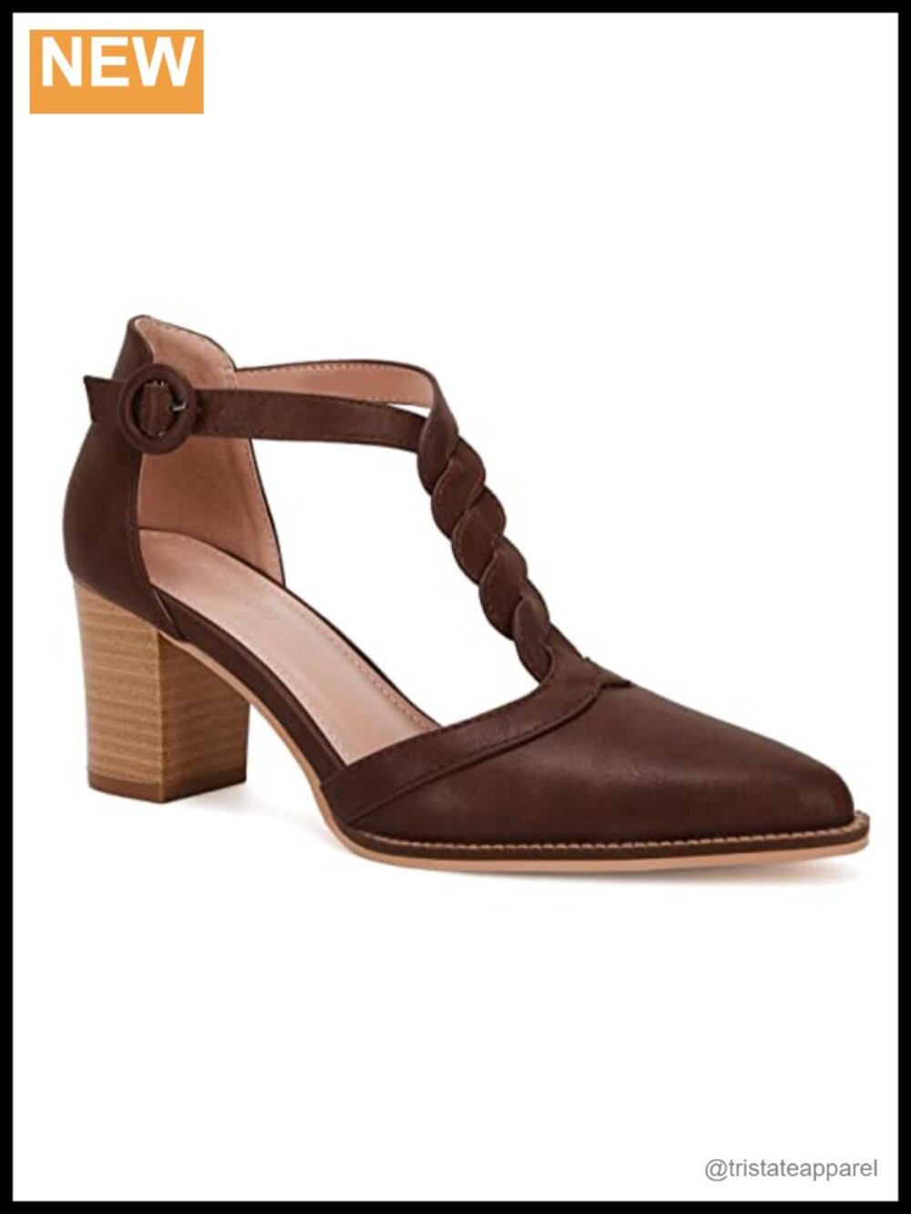 Coutgo Womens Faux Leather Block Heel T Strap Pointed Toe Dress Pumps